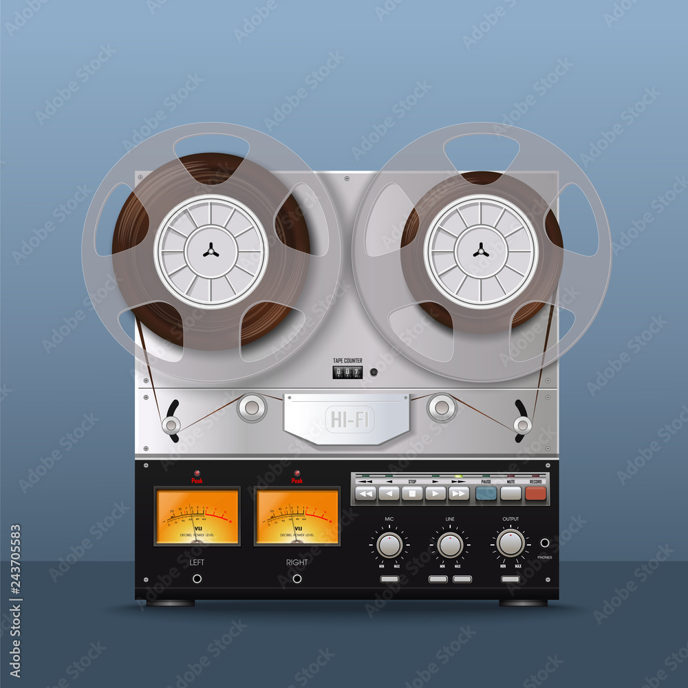 Old bobbin tape recorder. Vintage Analog Reel Tape Recorder. Retro technologies. Vector illustration