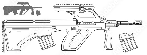 Graphic black and white detailed modern automatic bullpup rifle with ammo clip and optical sight. Isolated on white background. Vector icon set.