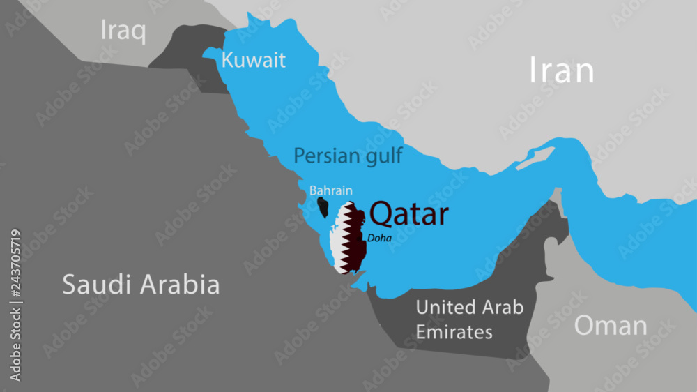 Persian Gulf region countries with Qatar in center of the political map