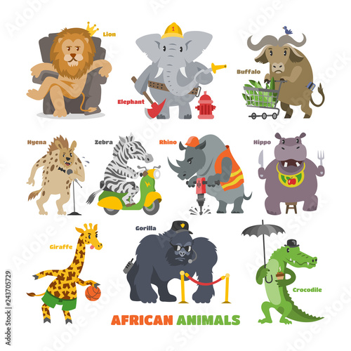African animals vector cartoon wild animalistic characters lion king elephant fireman security gorilla in safari illustration set of crocodile zebra hippo isolated on white background