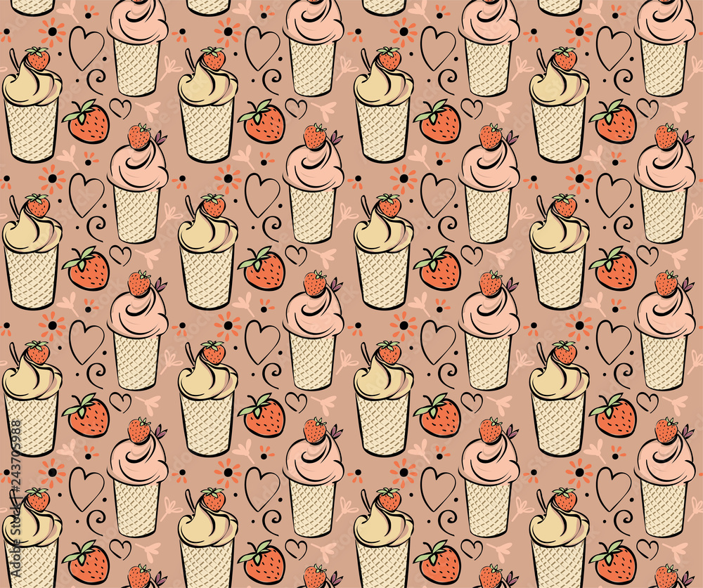 Ice cream with strawberry. seamless pattern Black white pink creame red hand made drawing for kids, adult, caffee Ice cream with strawberry. seamless pattern Black white pink creame red hand made drawing for kids, adult, caffee