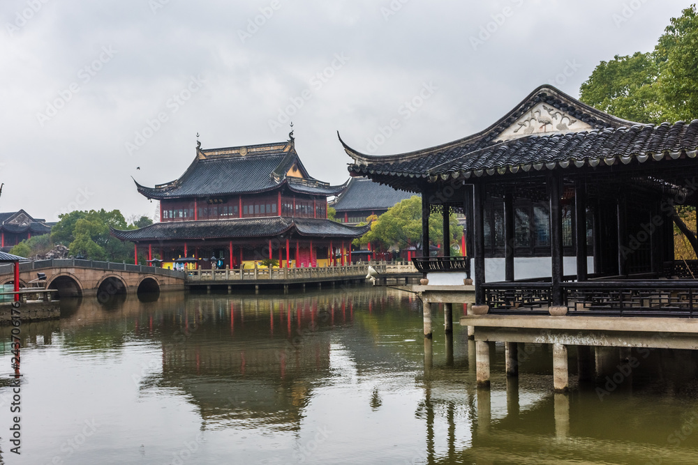 Confucian temple of Zhouzhuang under the rain, China