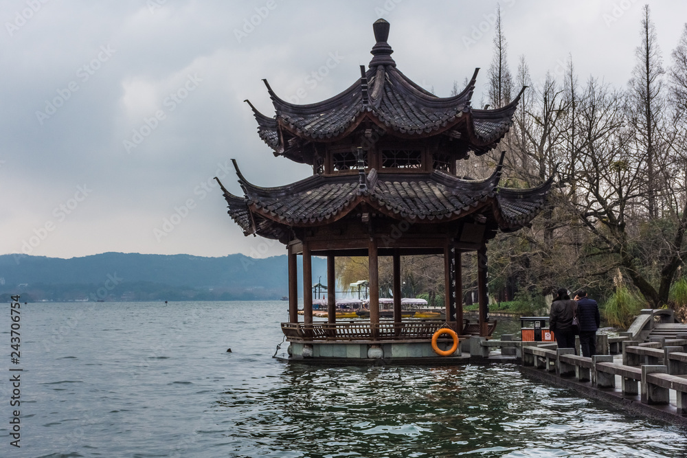 Beautiful chinese traditional pavilion in the West Lake, Hangzhou, China