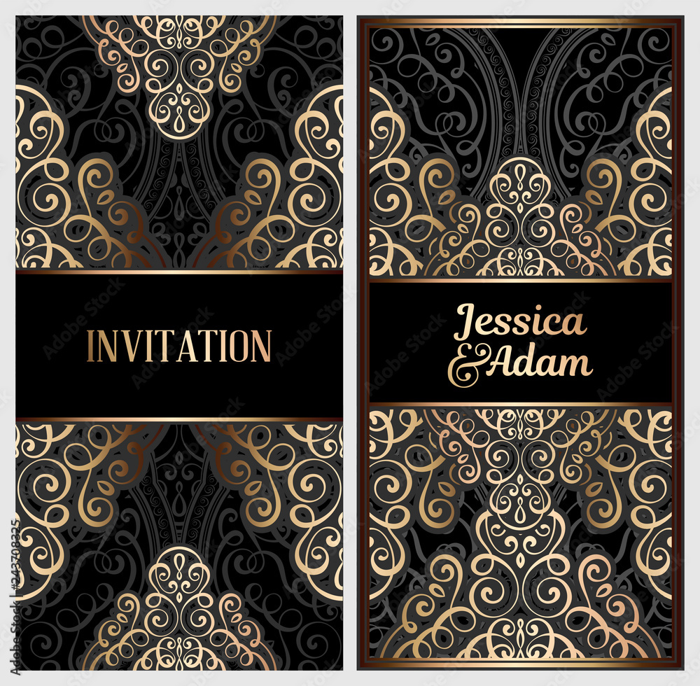 Black and gold luxury wedding invitation card with golden shiny eastern and baroque rich foliage. Ornate islamic background for your design. Islam, Arabic, Indian, Dubai.