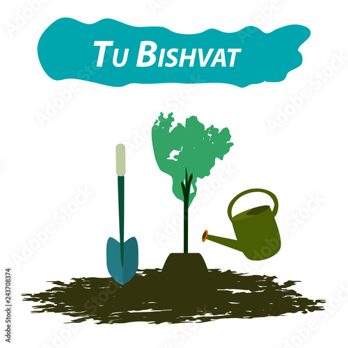 Tu Bishvat Jewish new year of trees. Planting trees on Tu Bishvat. Flat style. Vector illustration on isolated background. photo