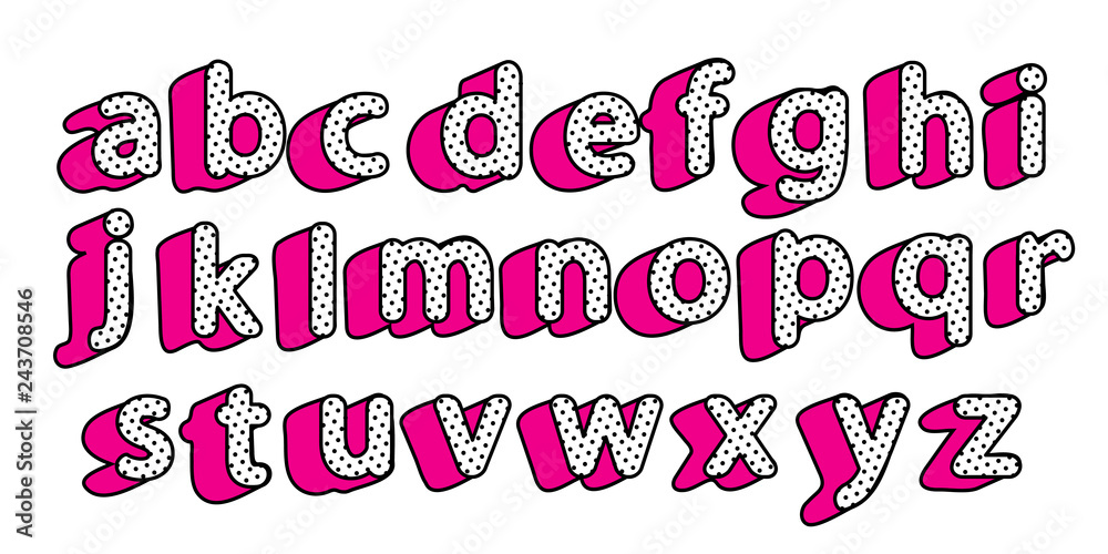 Cute black polka dots 3D english alphabet little letters set. Vector LOL  girly doll surprise style.