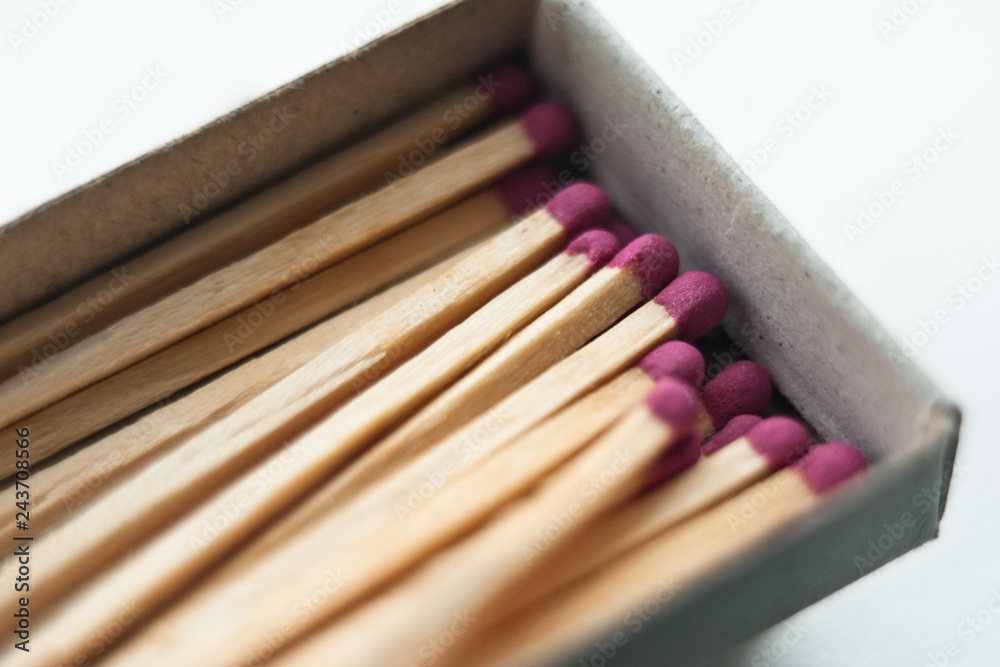 red matches in box. white background. close up shot