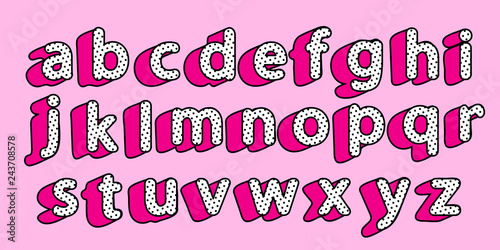 Cute black polka dots 3D english alphabet little letters set. Vector LOL girly doll surprise style. Happy birthday text with hot pink shadow. Font design for girls name. Picture for birth invite card