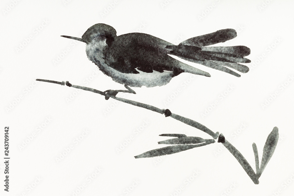 Fototapeta premium bird on bamboo twig is hand drawn on creamy paper
