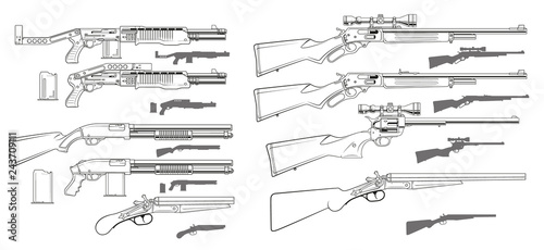 Graphic black and white detailed modern and retro shotguns and rifles with ammo clip. Isolated on white background. Vector icon set.