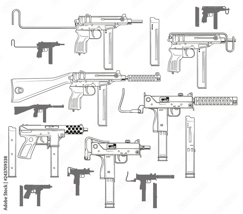 Graphic black and white detailed modern submachine guns with ammo clip. Isolated on white background. Vector icon set. Graphic black and white detailed modern submachine guns with ammo clip. Isolated on white background. Vector icon set.