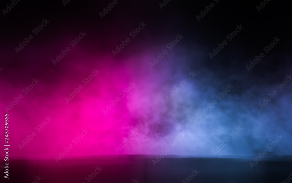 Empty scene with glowing pink and blue smoke environment atmosphere on floor. Fashion vibrant colors spectrum background. 3d rendering. Empty scene with glowing pink and blue smoke environment atmosphere on floor. Fashion vibrant colors spectrum background. 3d rendering.