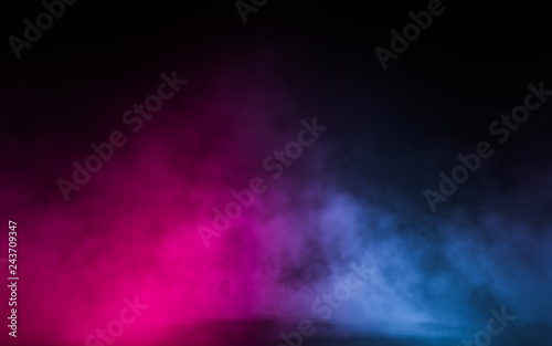 Empty scene with glowing pink and blue smoke environment atmosphere on floor. Fashion vibrant colors spectrum background. 3d rendering.