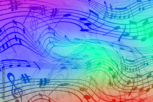 Abstract colored background on the theme of music. Background of wavy and colored stripes. Background of stylized musical notes