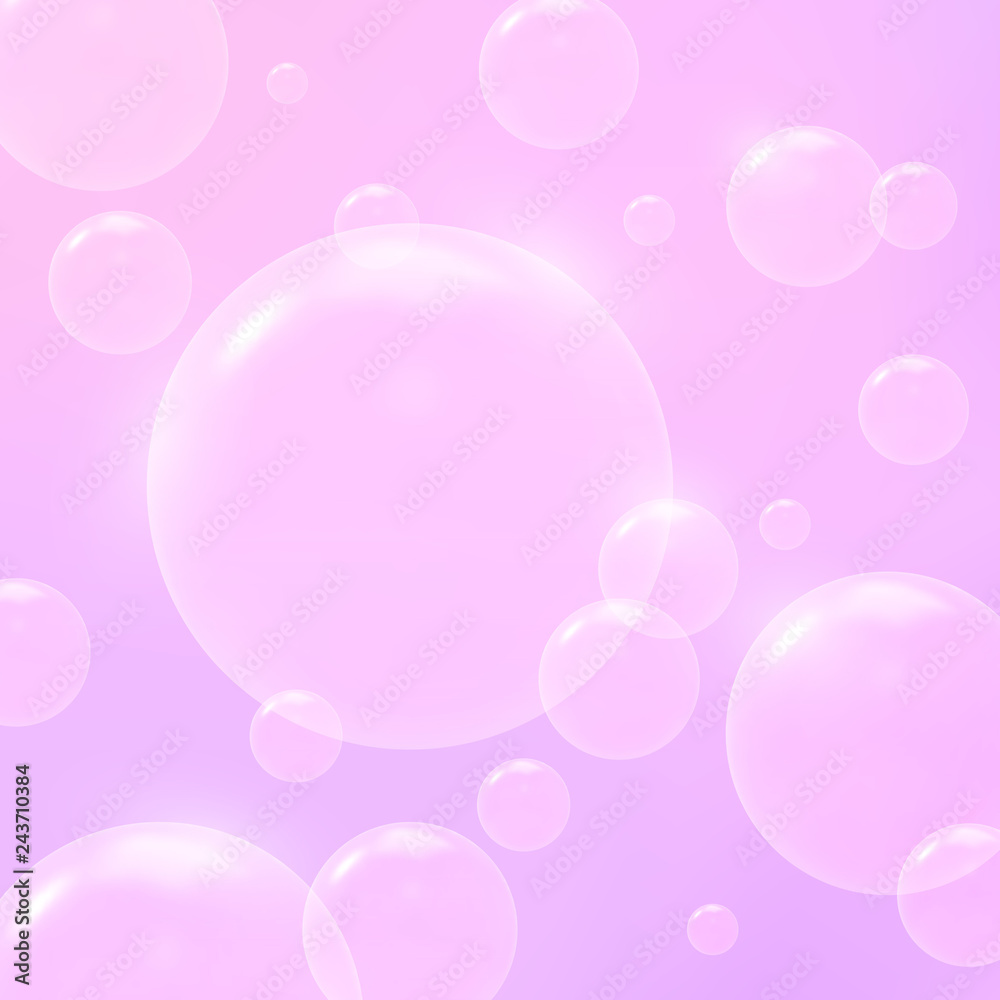  Soap bubbles on a pink background .Transparent ball, vector.Advertising banner.