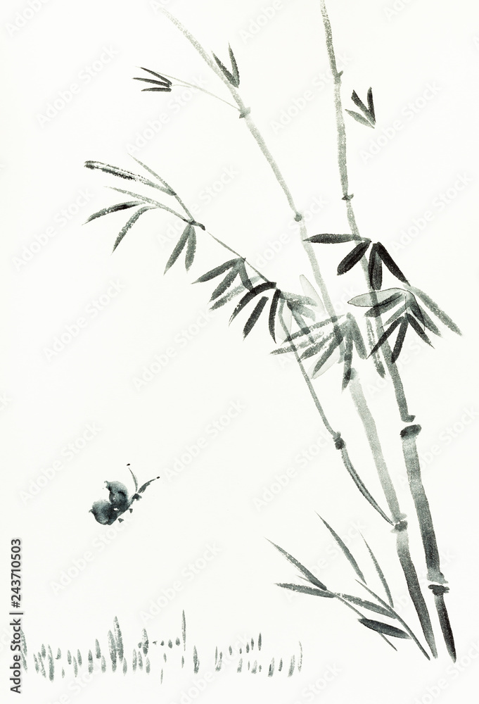 Naklejka premium butterfly near bamboo bush is hand drawn on paper