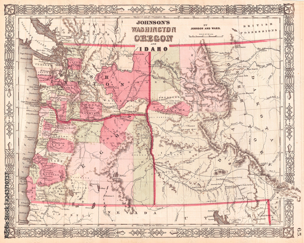 1864, Johnson Map of Washington, Oregon, and Idaho