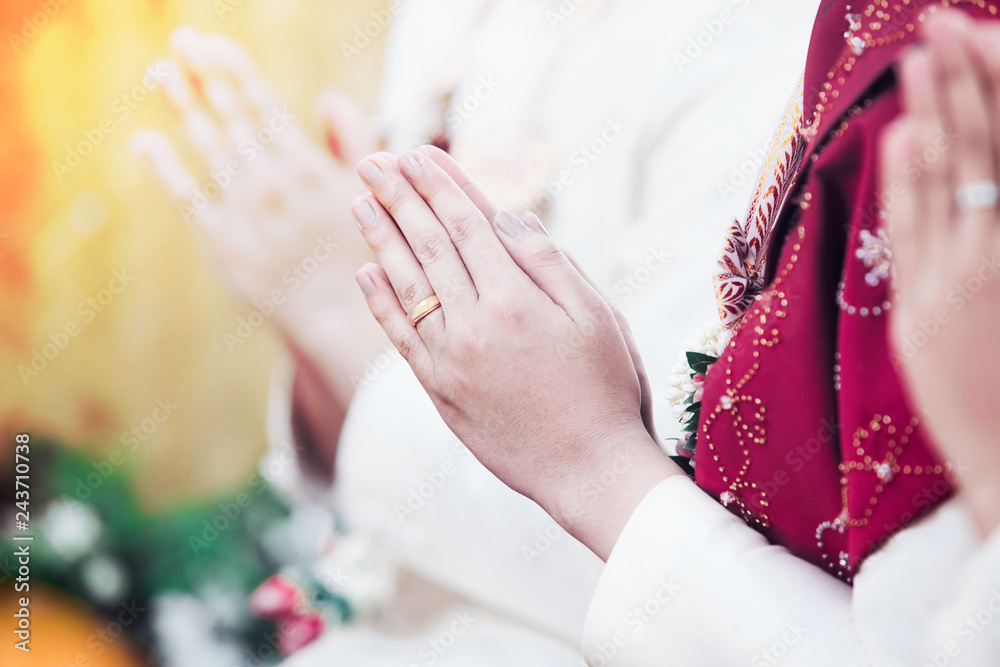 Fototapeta premium Woman hand,Thai people are respecting,begging,Pay respect,Thai woman hands are Pay respect,Thai Woman In Traditional Costume Of Thailand
