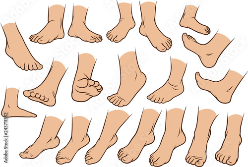 Cartoon white man or woman foots gesture set. Different foot positions. Vector icons.