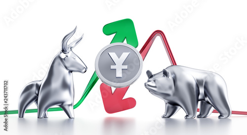 Bullish And Bearish Trends Of Yuan. Currency coin of the Chinese Yuan in between of metallic statuettes of a bull and a bear in front of trending arrows. 3D rendering graphics on white background.