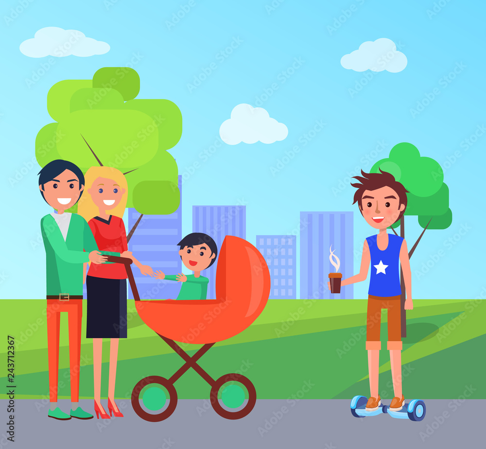 Student in City Park and Family with Pram Vector
