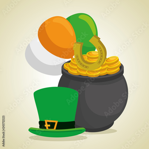 st patrick hat and couldron with coins and balloons