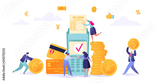 Concept of online banking, money transaction technology. Business and finance theme. Credit card and payment terminal. Business people pay coins cash. Flat People Characters Making Money.