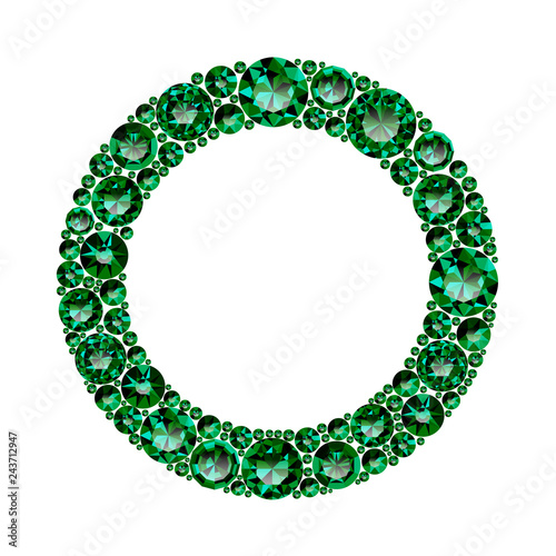 Round frame made of realistic green emeralds with complex cuts isolated on white background. Jewel and jewelry. Colorful gems and gemstones. Magna, royal, zinnia, trap, single, swiss, sphere, zircon.