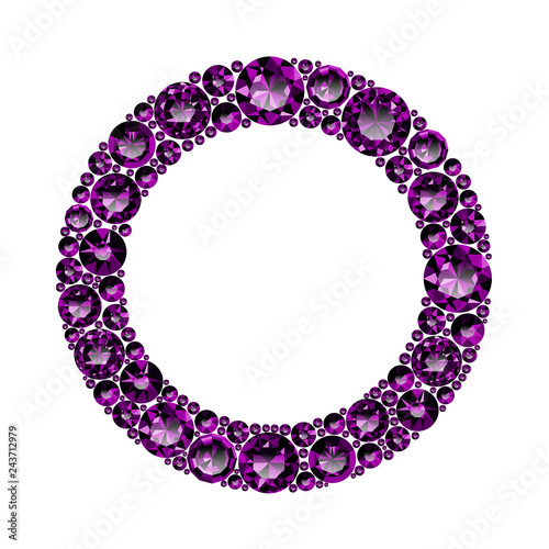 Round frame made of realistic purple amethysts with complex cuts isolated on white background. Jewel and jewelry. Colorful gems and gemstones. Magna, royal, zinnia, trap, single, swiss, sphere, zircon