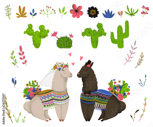 Sweet llamas couple with cacti and floral elements set. Cute cartoon characters in love. Design concept for wedding invitation, greeting card, print, poster. Vector illustration