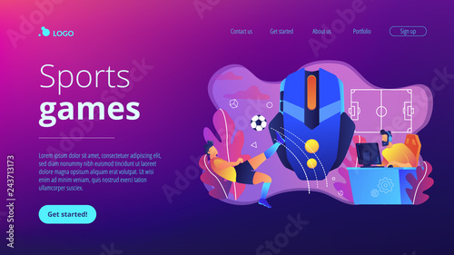 Gamer with headset at computer taking part in online footbal tournament. Sports games, online footbal tournament, e-game championship concept. Website vibrant violet landing web page template.