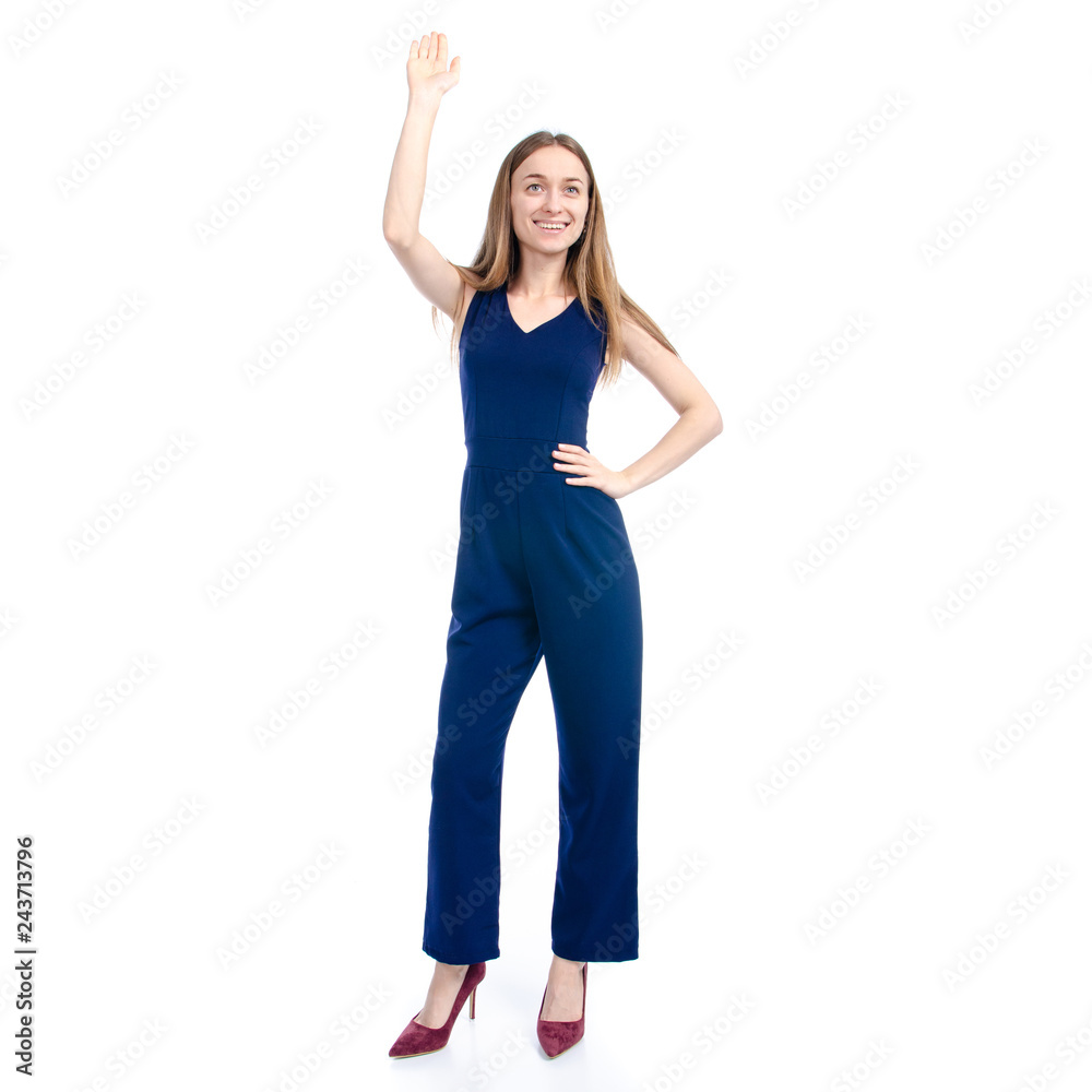 Woman in red high heels shoes smile fashion beauty waving hand on white background isolation Woman in red high heels shoes smile fashion beauty waving hand on white background isolation