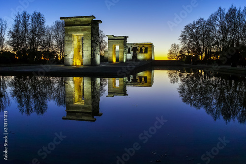 Night photo of Temple of Debod in City of Madrid, Spain