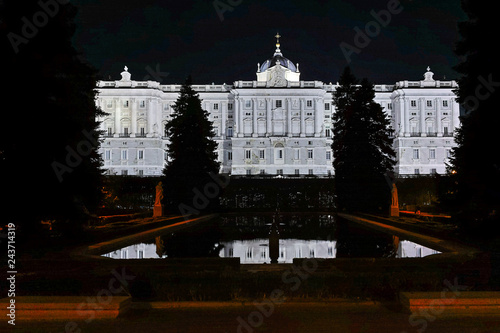 Night view of the facade of the Royal Palace of Madrid, Spain