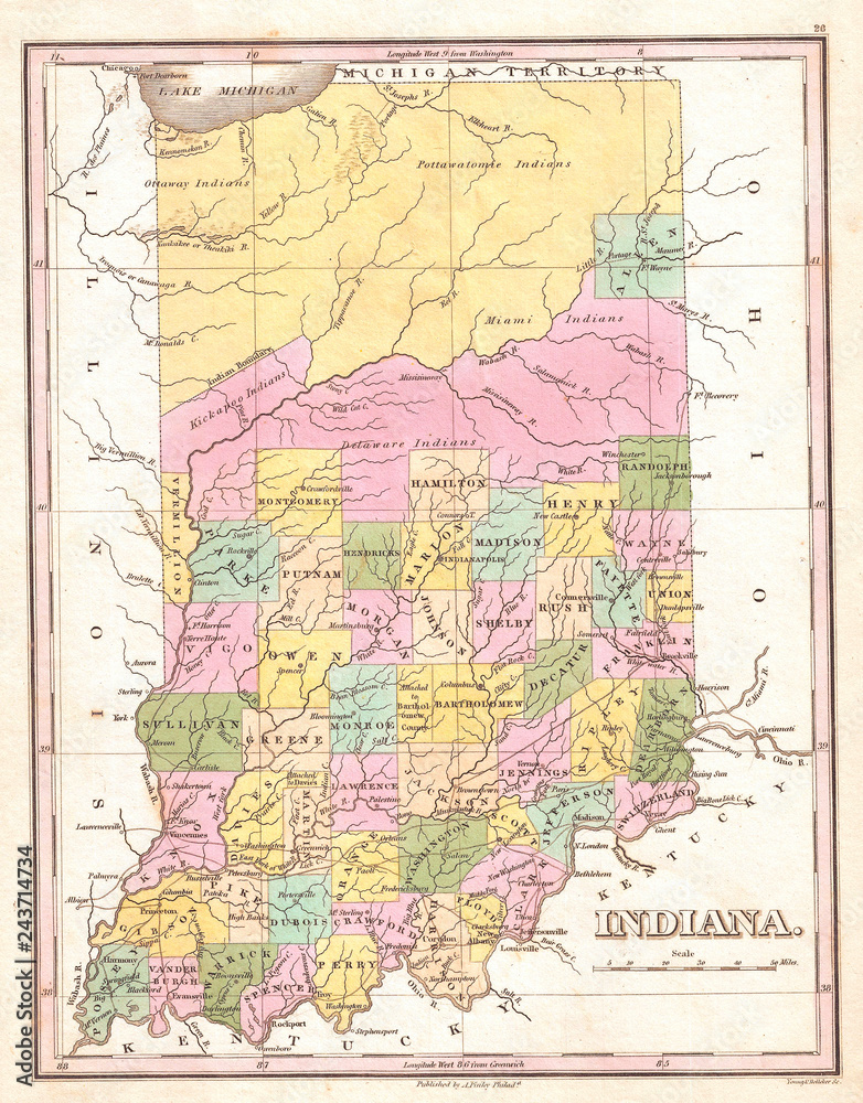 1827, Finley Map of Indiana, Anthony Finley mapmaker of the United States in the 19th century