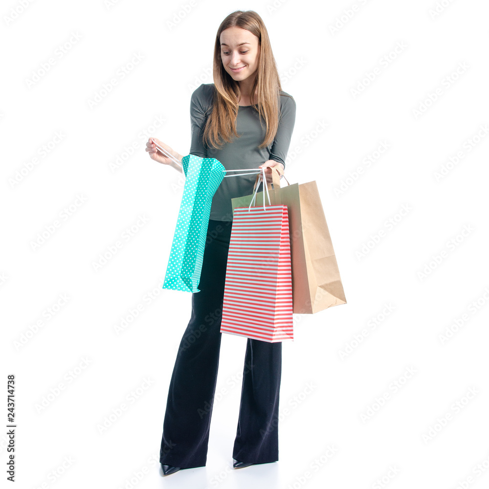 Woman in high heels shoes with bags package shopping in hand on white background isolation