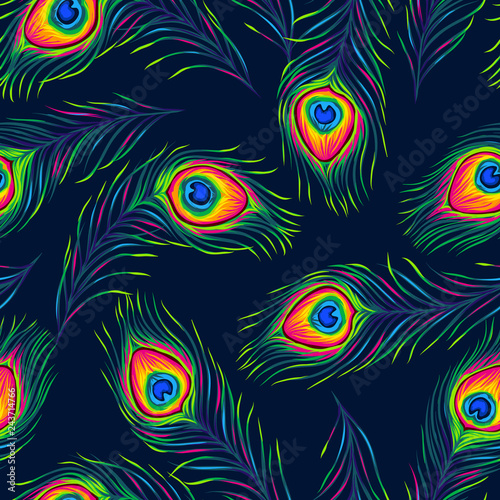 Peacock feathers seamless pattern.