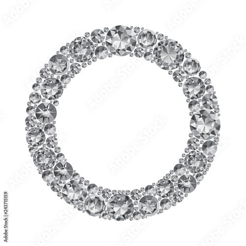 Round frame made of realistic shining diamonds with complex cuts isolated on white background. Jewel and jewelry. Colorful gems and gemstones. Magna, royal, zinnia, trap, single, swiss, sphere, zircon