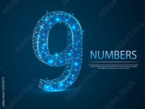 number nine low poly abstract illustration consisting of points, lines, and shapes in the form of planets, stars and the universe. Vector digit 9 wireframe concept.