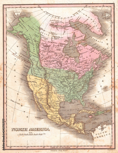 1827, Finley Map of North America, Anthony Finley mapmaker of the United States in the 19th century photo