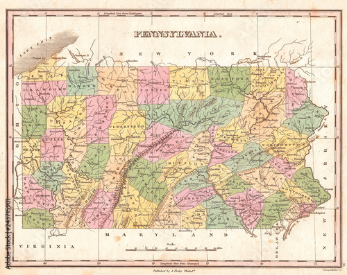 1827, Finley Map of Pennsylvania, Anthony Finley mapmaker of the United States in the 19th century photo