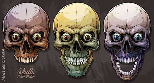 Detailed graphic realistic cool colorful human skulls with crazy eyes. On gray grunge background. Vector icon set.
