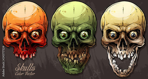 Detailed graphic realistic cool colorful human skulls with crazy eyes and broken teeth. On gray grunge background. Vector icon set.