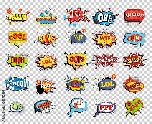 Set of comic speech bubbles or sound replicas. Onomatopoeic expressions: Lol and cool, bang and WTF, OOOH and OOPS, Vroom and yeah, boom and pow