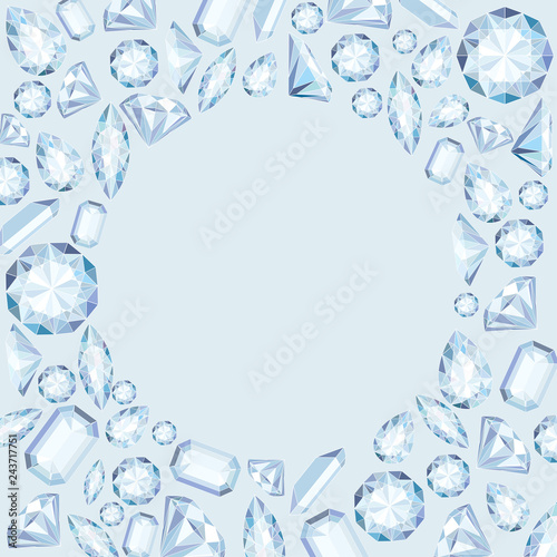 Vector circle frame with diamonds and crystals pastel color background with bright gem