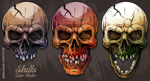 Detailed graphic realistic cool colorful human skulls with crack and broken teeth. On gray grunge background. Vector icon set.