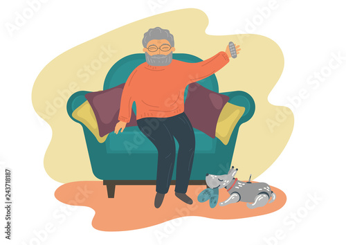 Robot dog brinning slippers to senior man. 