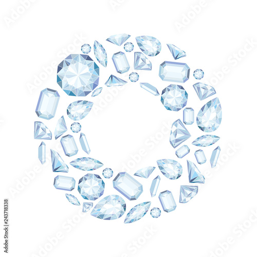 Vector circle wreath frame with diamonds and crystals pastel color background with bright gem