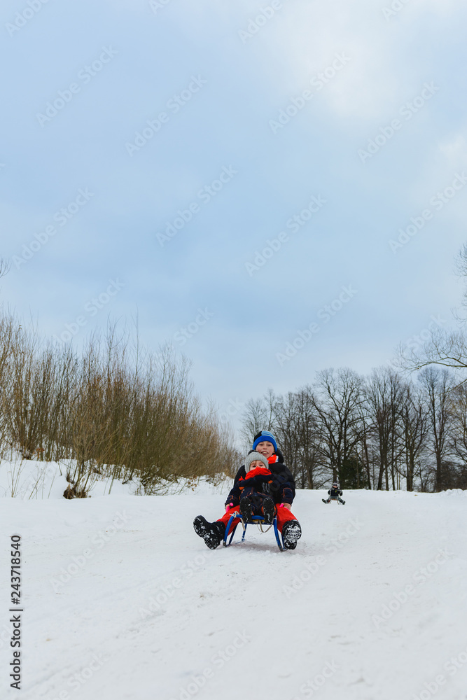 children on two sledges descend from the hills