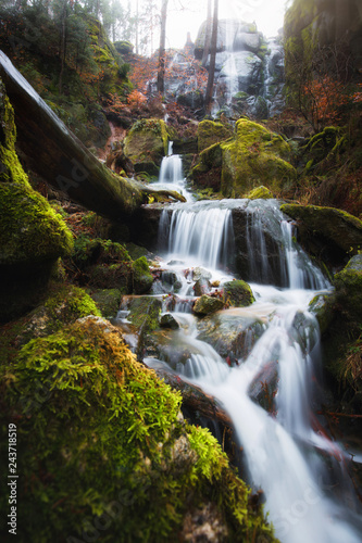Wasserfall mit Bäumen und Moos im Erzgebirge